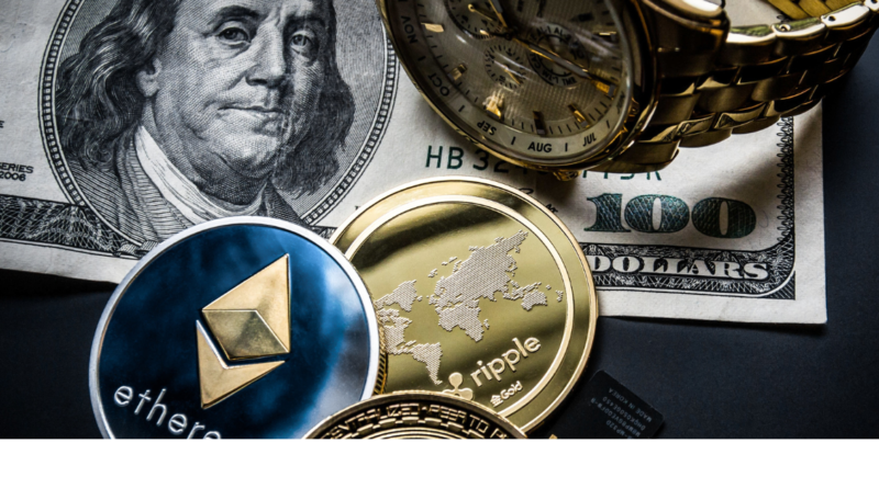 Ethereum and Ripple cryptocurrency coins placed on top of a $100 US dollar bill, alongside a luxury gold watch, symbolizing the relationship between digital currencies and traditional money.